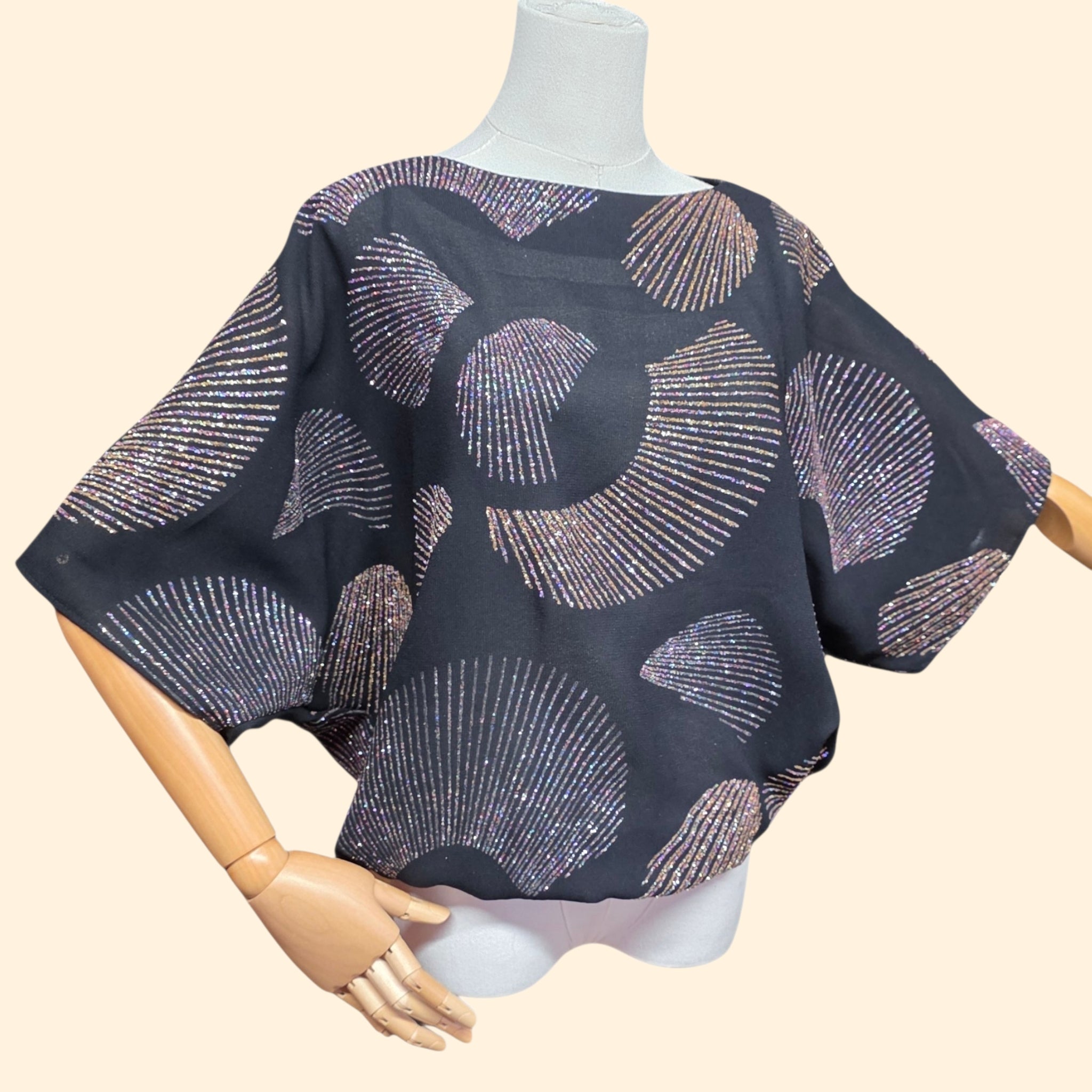 1980s Rainbow Glitter Batwing Top ~ Large ~ Disco Glam Dolman Sleeves