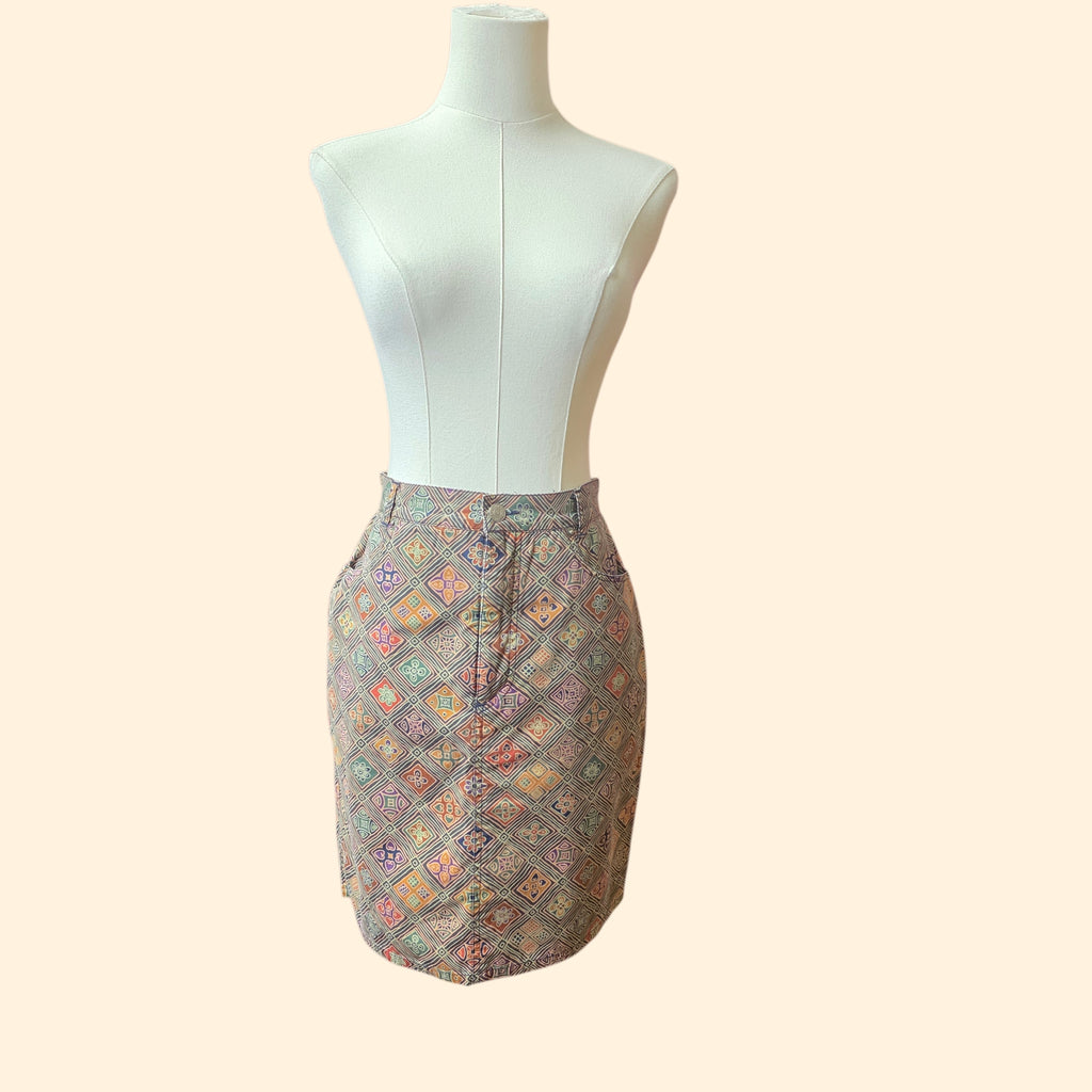 1980s Banana Republic Safari Folk Art Tile Print Mini Skirt ~ Small