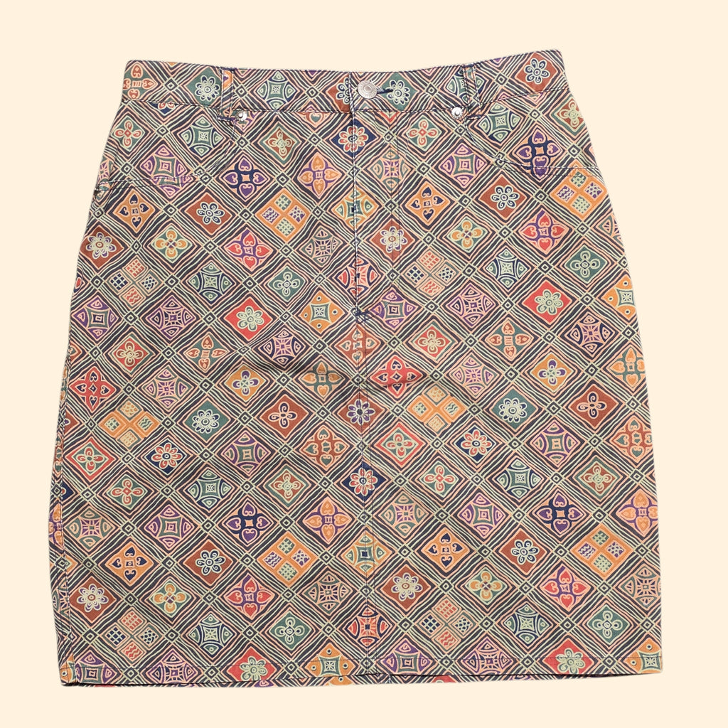 1980s Banana Republic Safari Folk Art Tile Print Mini Skirt ~ Small