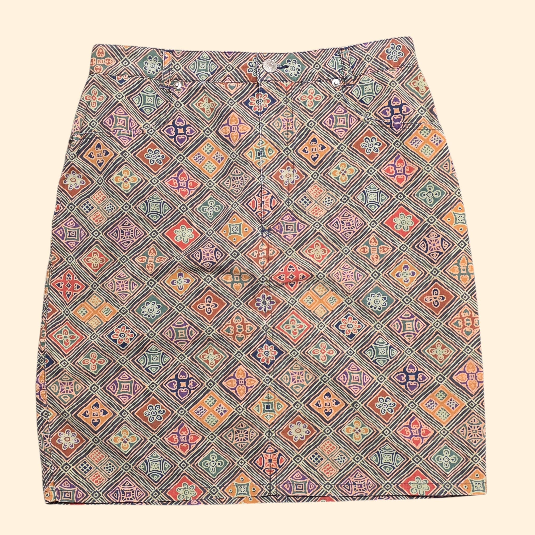 1980s Banana Republic Safari Folk Art Tile Print Mini Skirt ~ Small