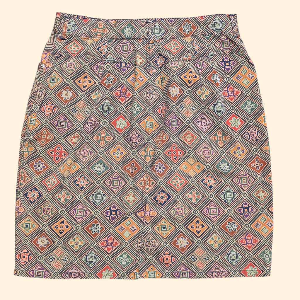 1980s Banana Republic Safari Folk Art Tile Print Mini Skirt ~ Small