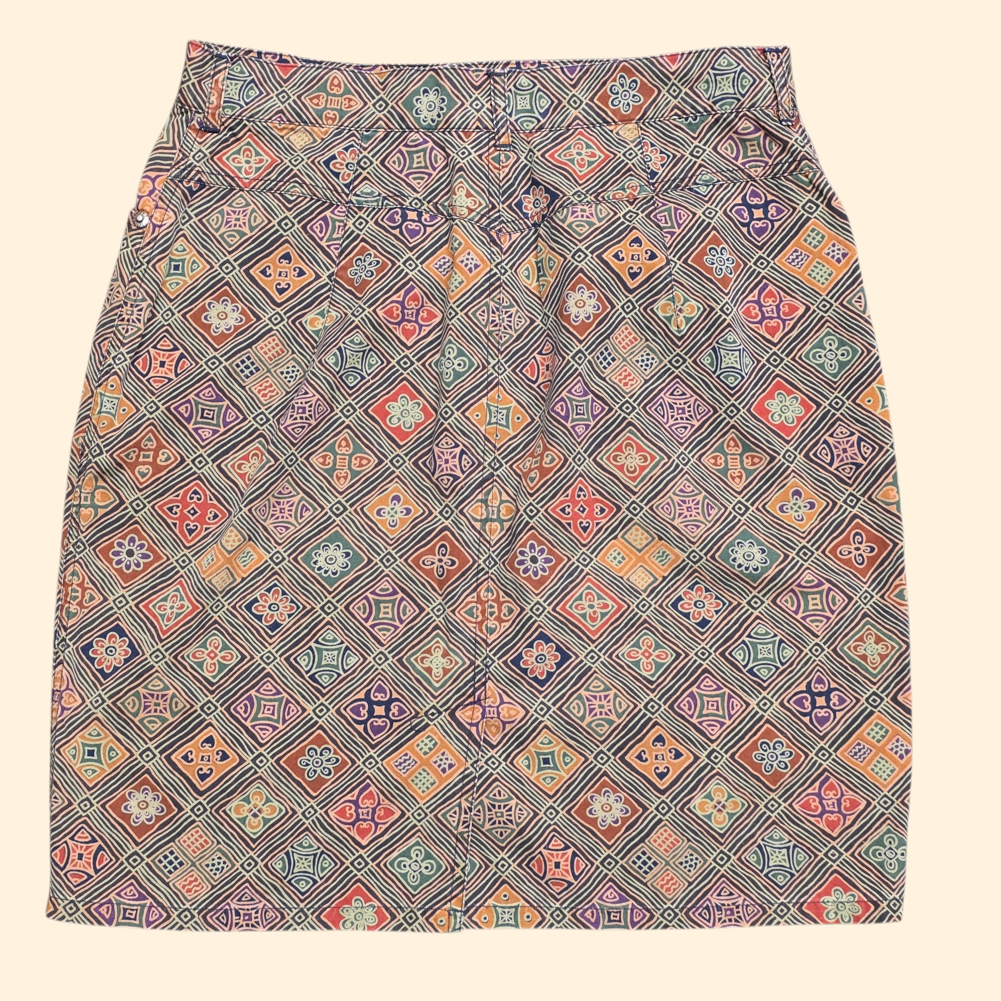 1980s Banana Republic Safari Folk Art Tile Print Mini Skirt ~ Small