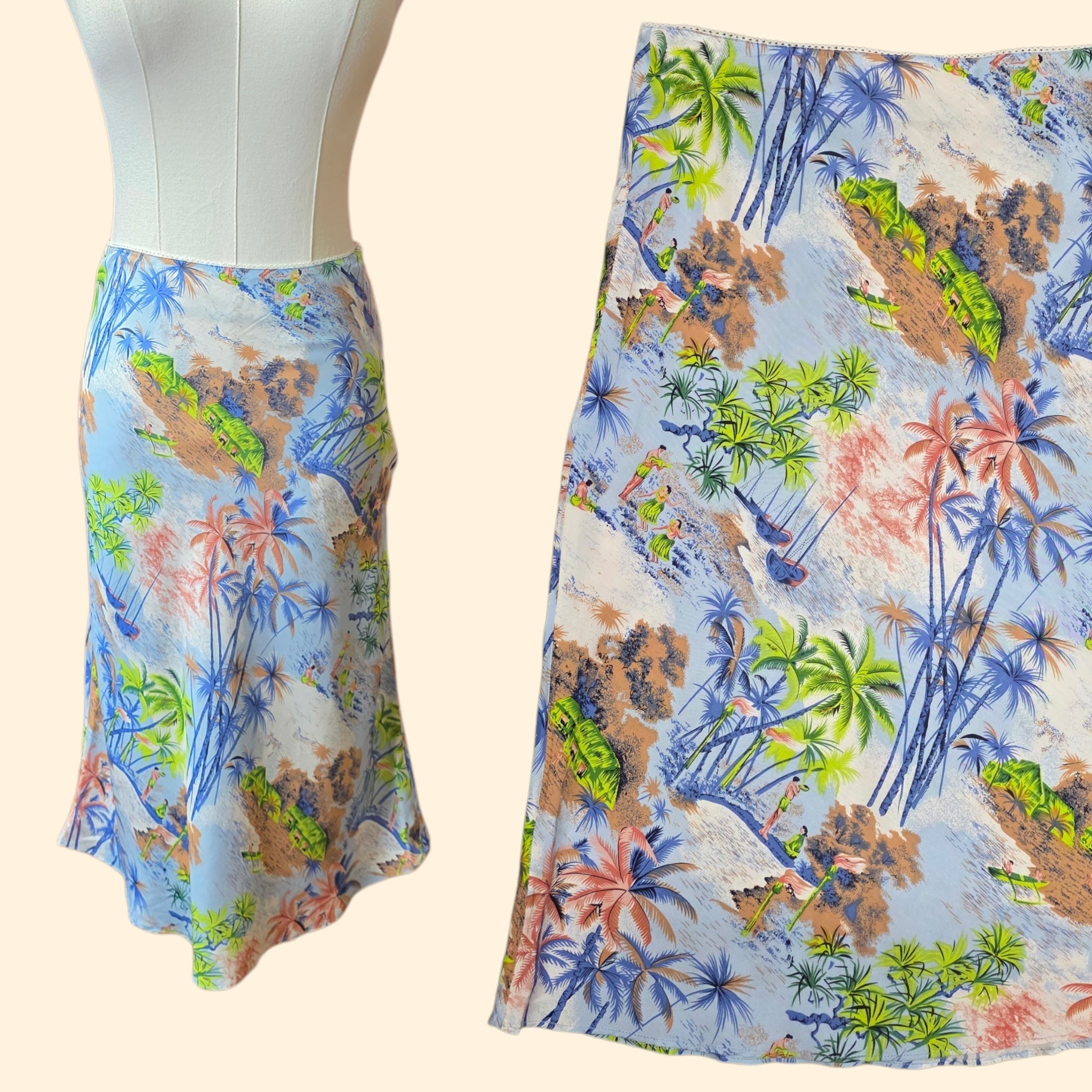 1990s Guess Hawaiian Print Midi Skirt ~ Medium ~ Tropical
