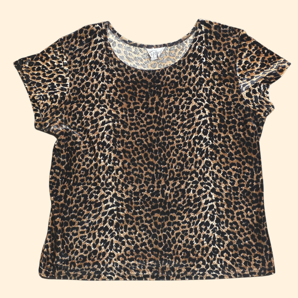 1990s Leopard Print Stretch Velvet Cap Sleeve Boxy Top ~ Large