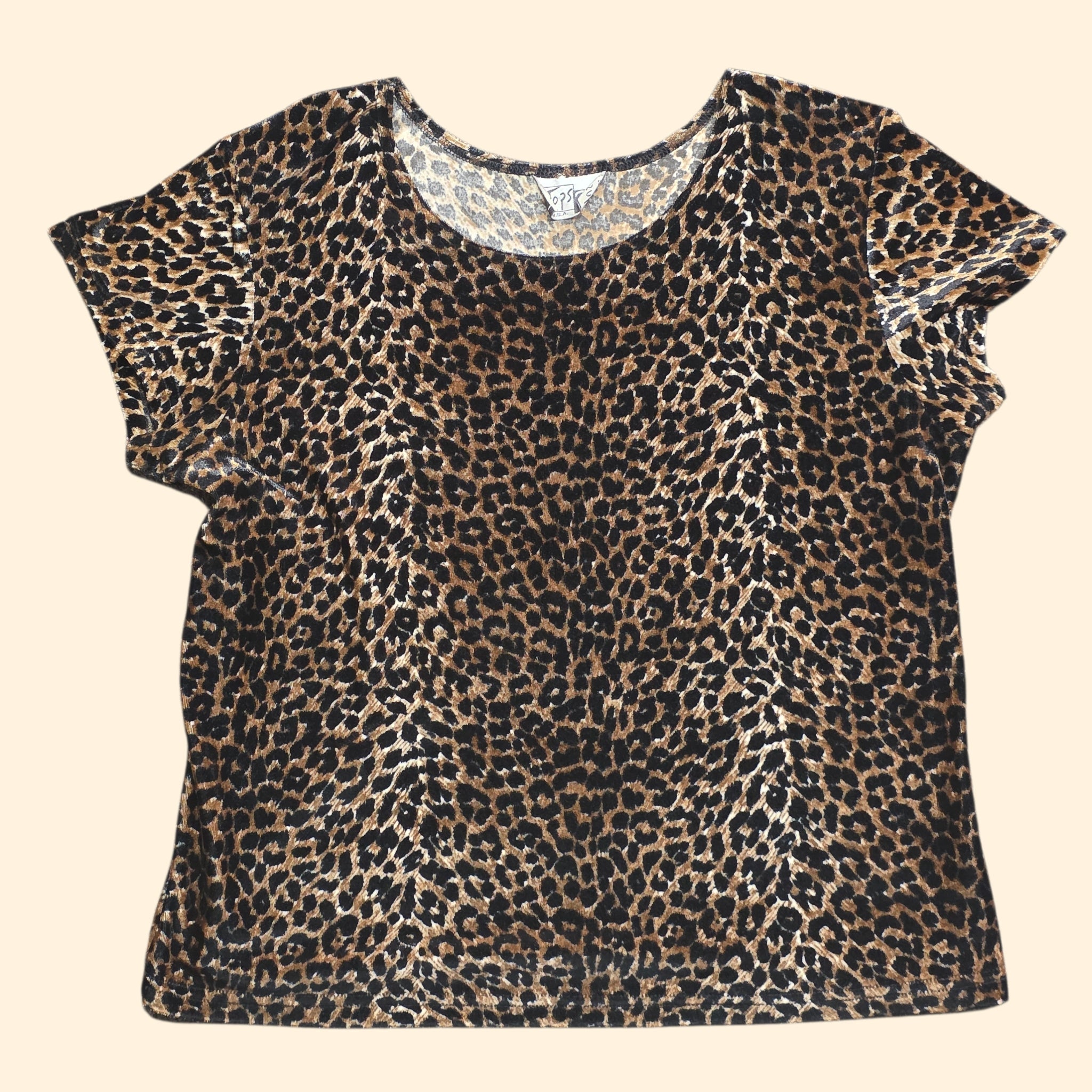 1990s Leopard Print Stretch Velvet Cap Sleeve Boxy Top ~ Large