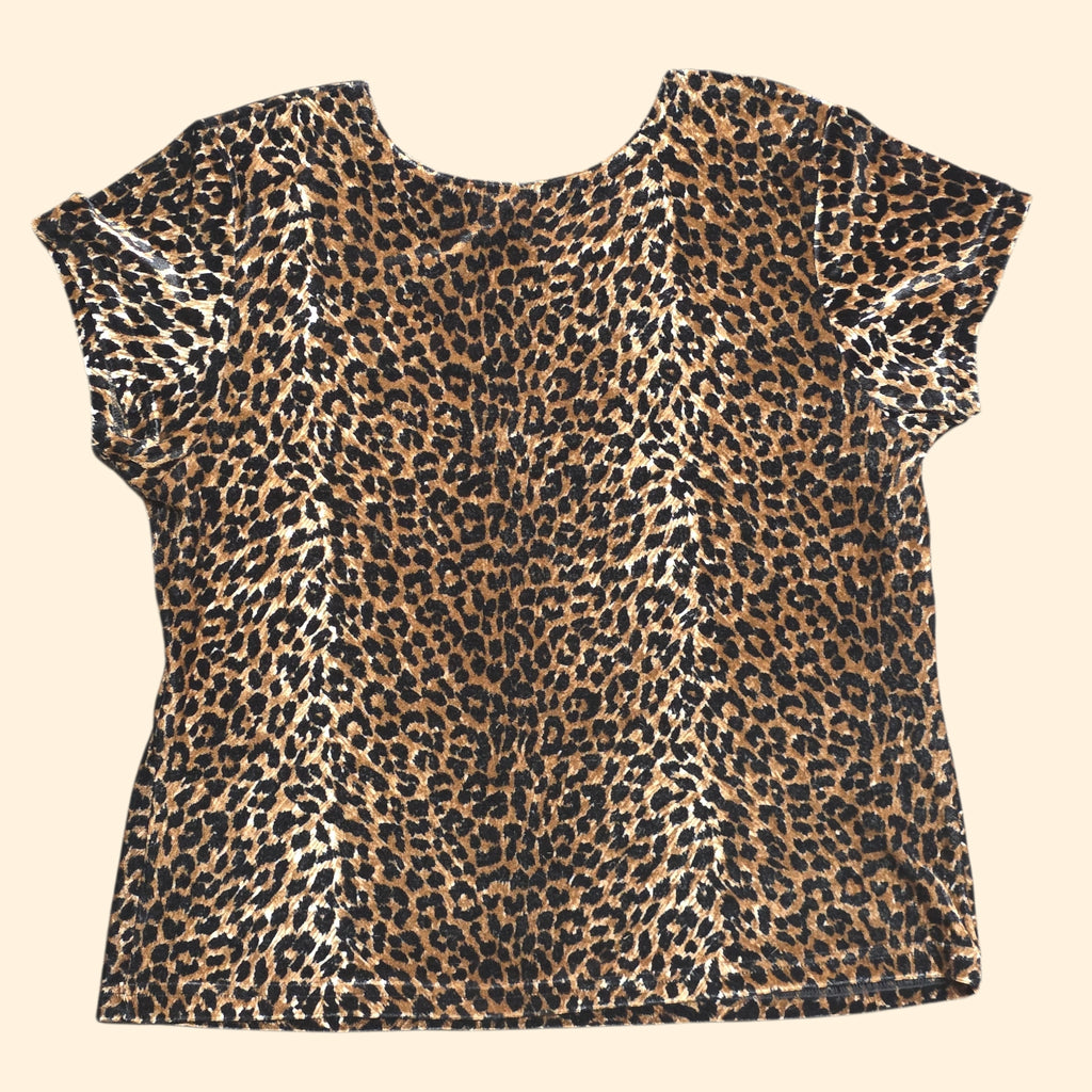 1990s Leopard Print Stretch Velvet Cap Sleeve Boxy Top ~ Large