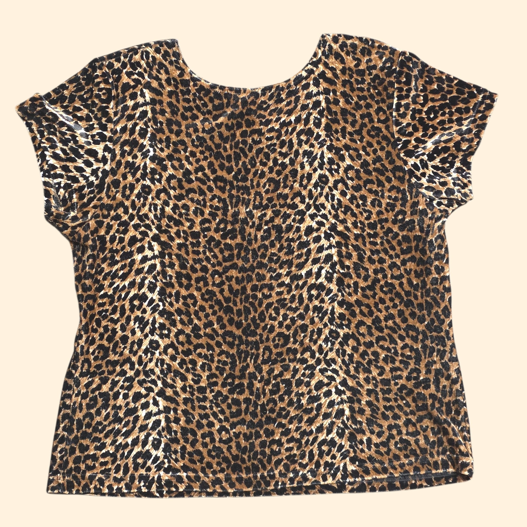 1990s Leopard Print Stretch Velvet Cap Sleeve Boxy Top ~ Large