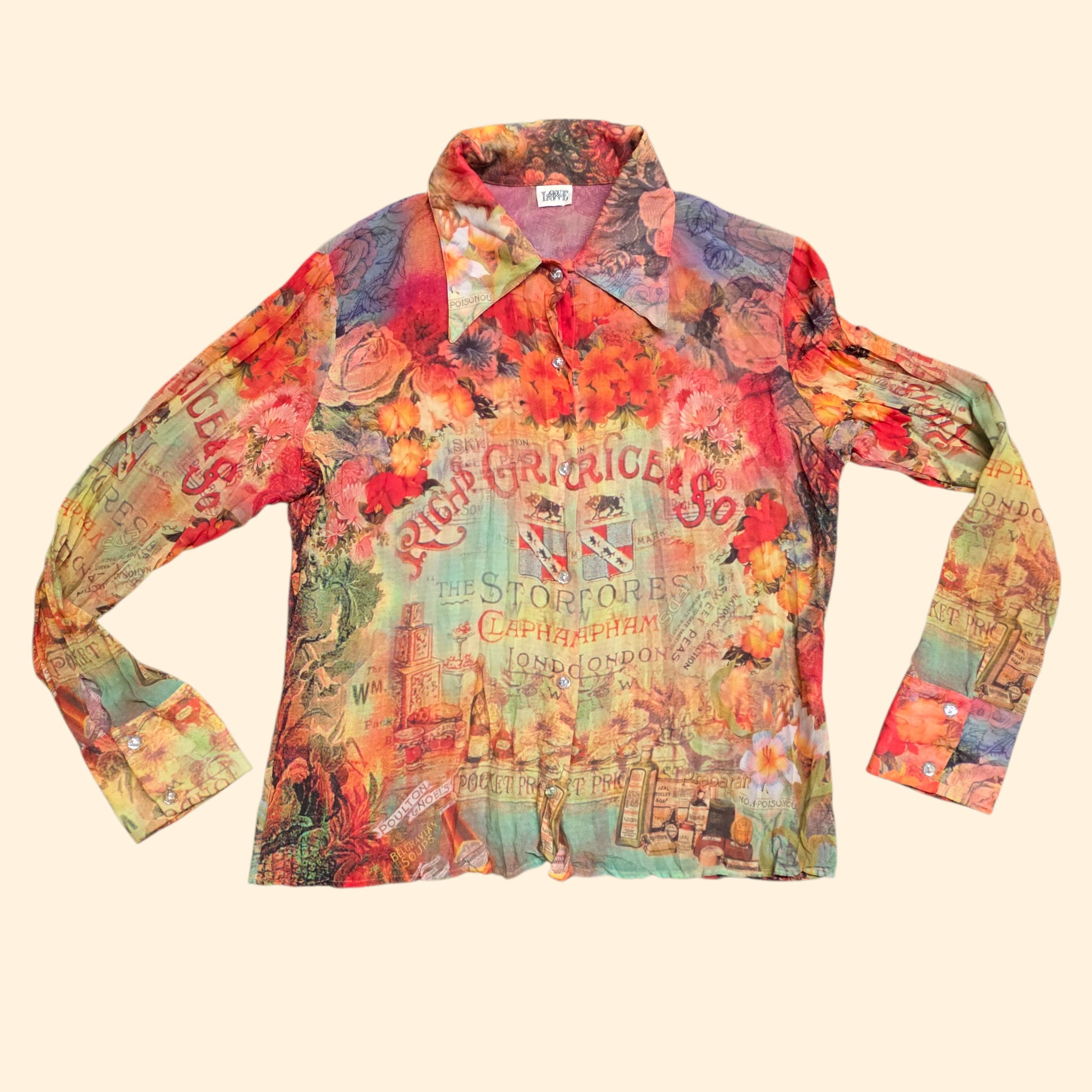 1990s Victorian Floral Novelty Print Blouse ~ Large ~ Dagger Collar