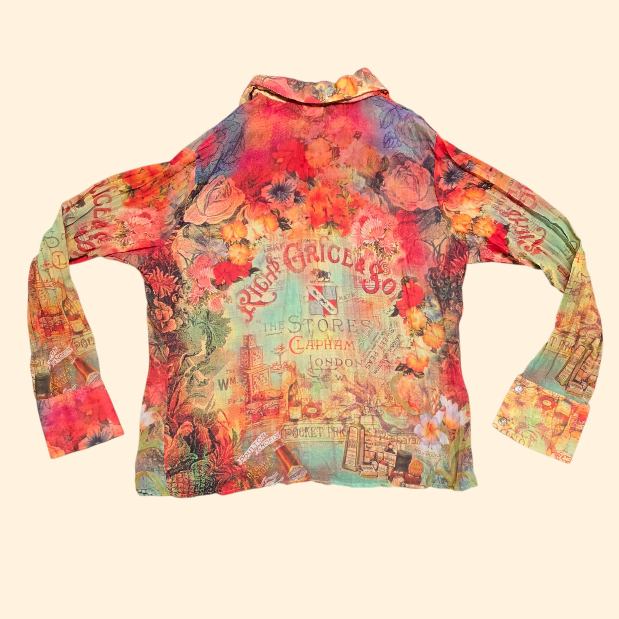1990s Victorian Floral Novelty Print Blouse ~ Large ~ Dagger Collar
