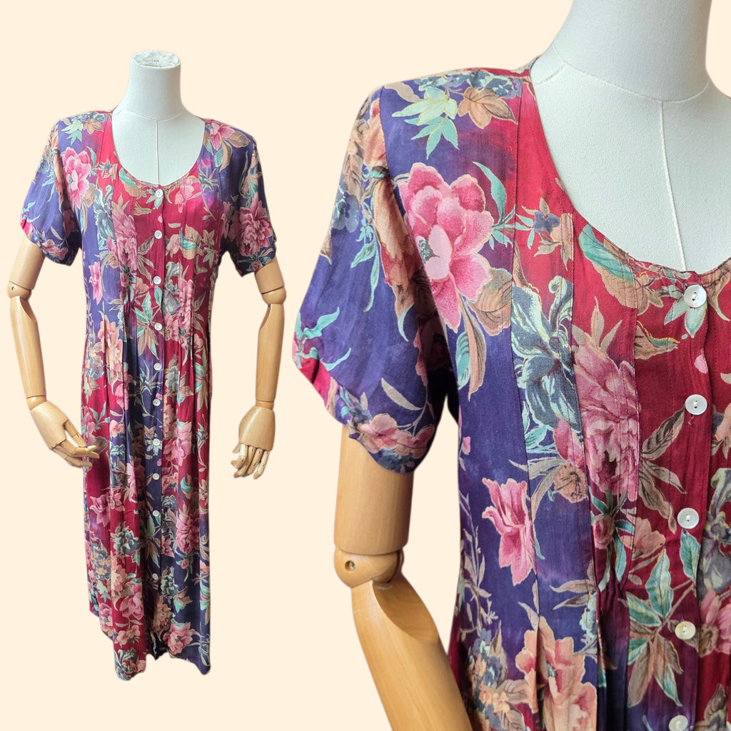 1990s Floral Button Down Short Sleeve Maxi Dress ~ Small Medium ~ Rayon Boho Duster