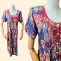 1990s Floral Button Down Short Sleeve Maxi Dress ~ Small Medium ~ Rayon Boho Duster