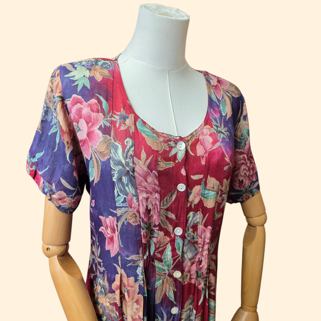 1990s Floral Button Down Short Sleeve Maxi Dress ~ Small Medium ~ Rayon Boho Duster