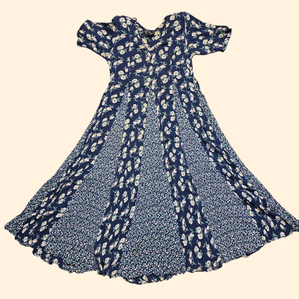 1990s Navy Blue Floral Rayon Short Sleeve Maxi Dress ~ Medium ~ Boho Grunge