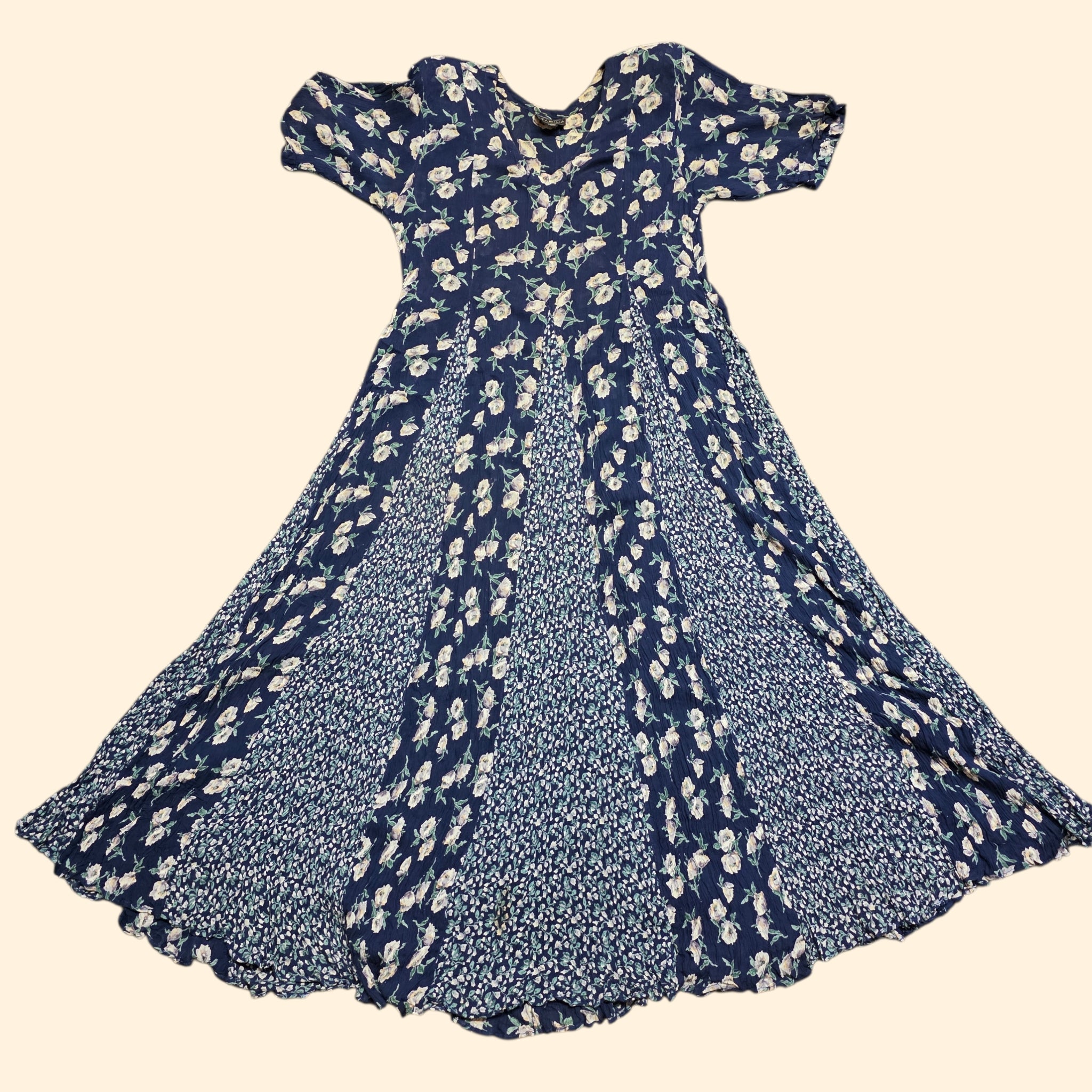 1990s Navy Blue Floral Rayon Short Sleeve Maxi Dress ~ Medium ~ Boho Grunge