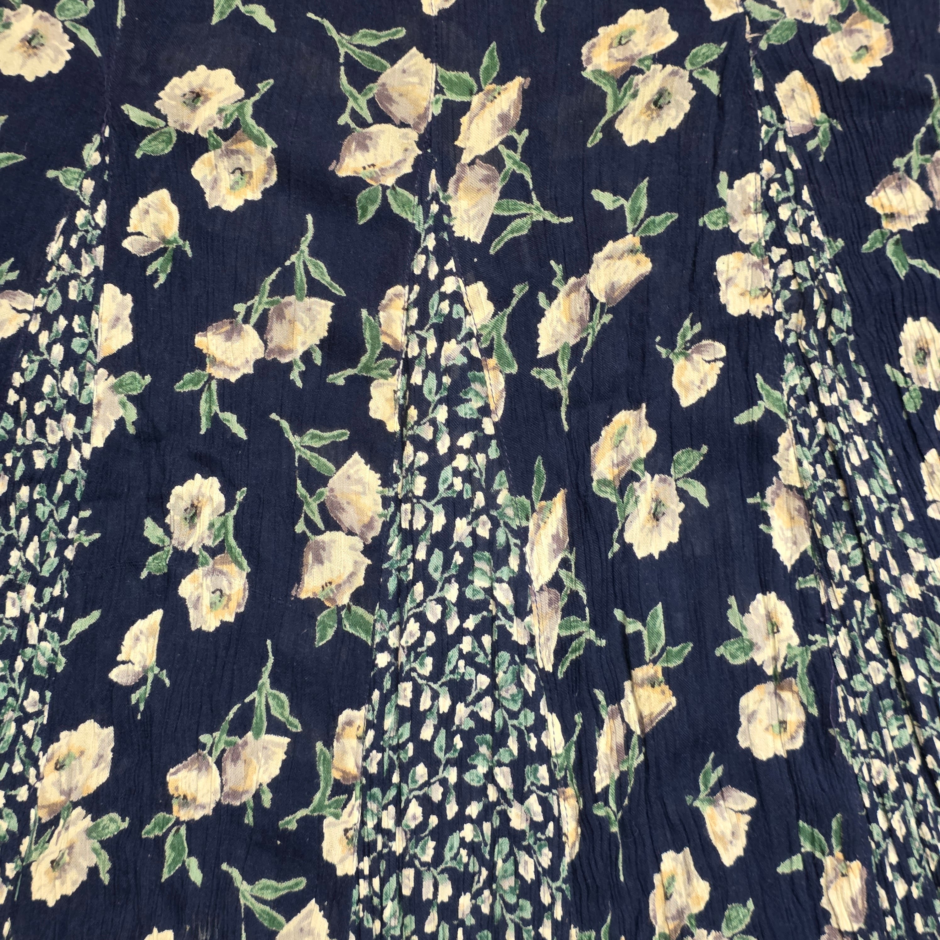1990s Navy Blue Floral Rayon Short Sleeve Maxi Dress ~ Medium ~ Boho Grunge