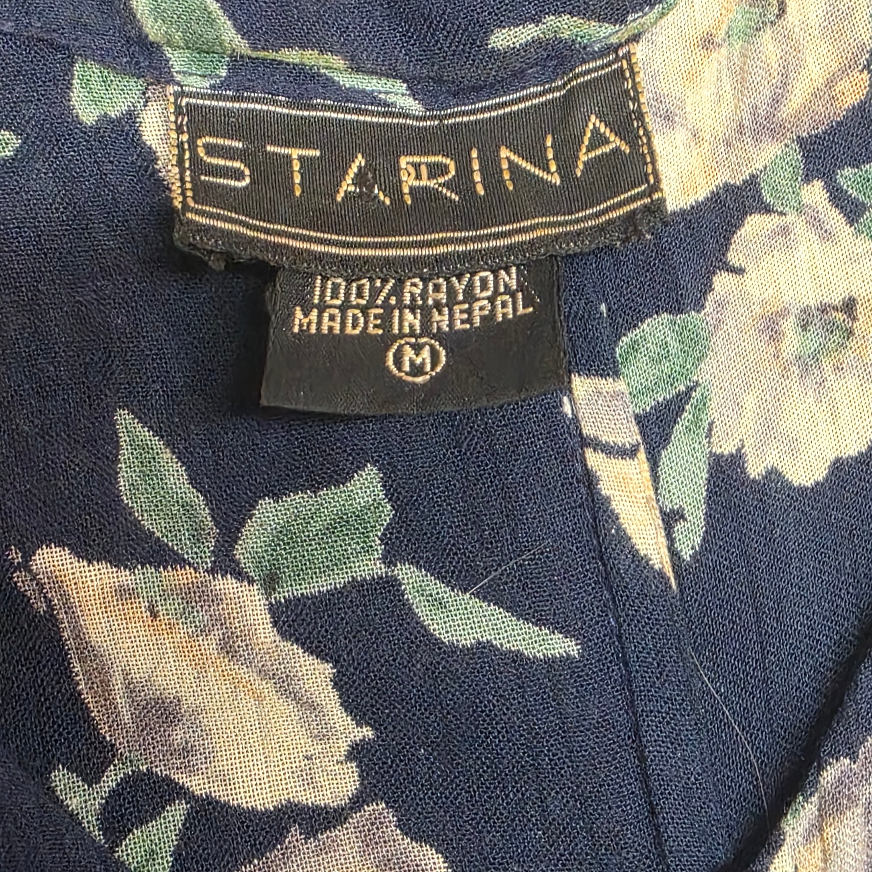 1990s Navy Blue Floral Rayon Short Sleeve Maxi Dress ~ Medium ~ Boho Grunge
