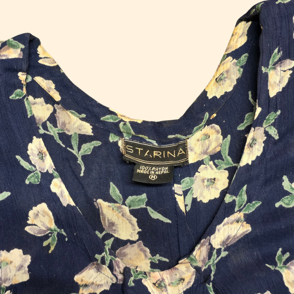 1990s Navy Blue Floral Rayon Short Sleeve Maxi Dress ~ Medium ~ Boho Grunge