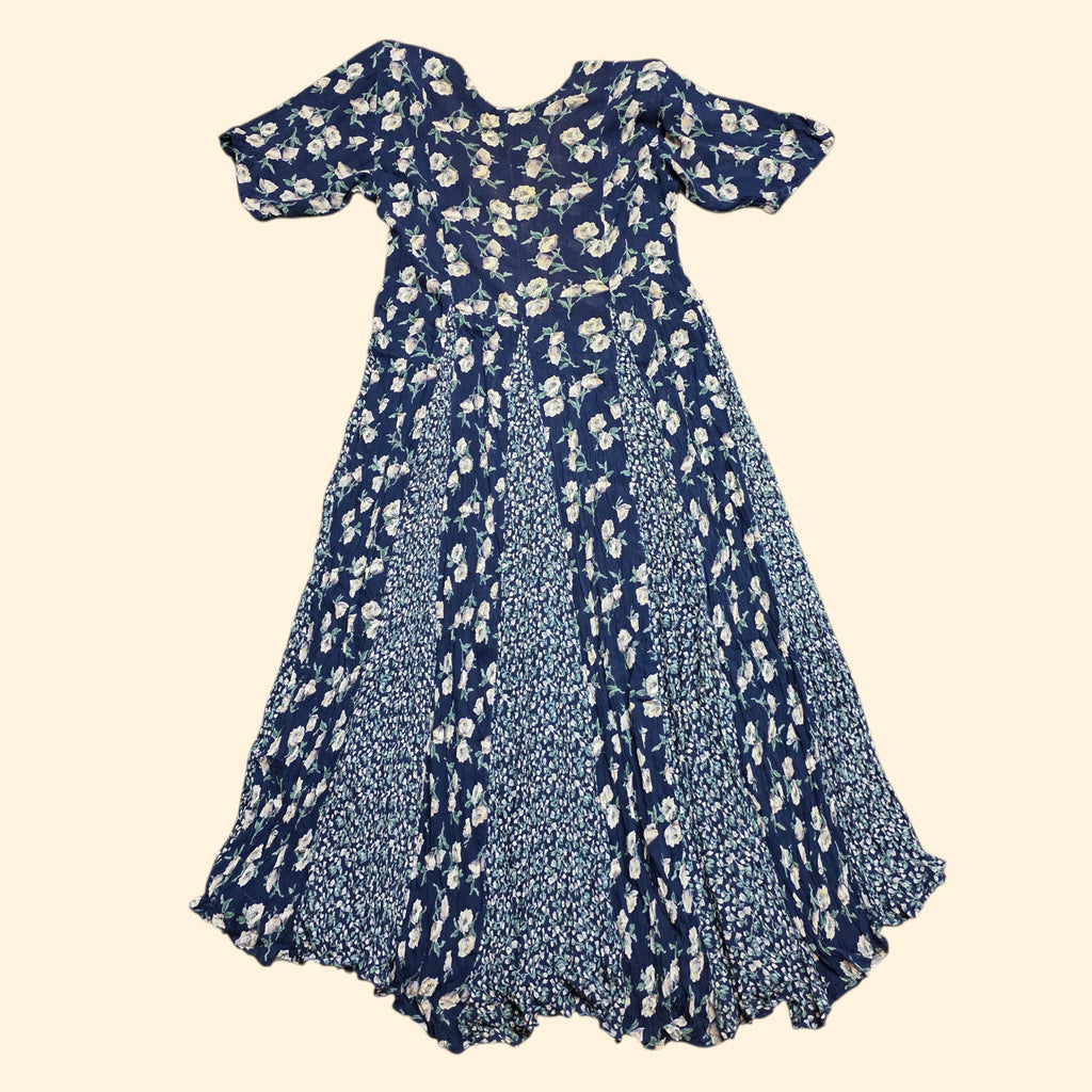 1990s Navy Blue Floral Rayon Short Sleeve Maxi Dress ~ Medium ~ Boho Grunge