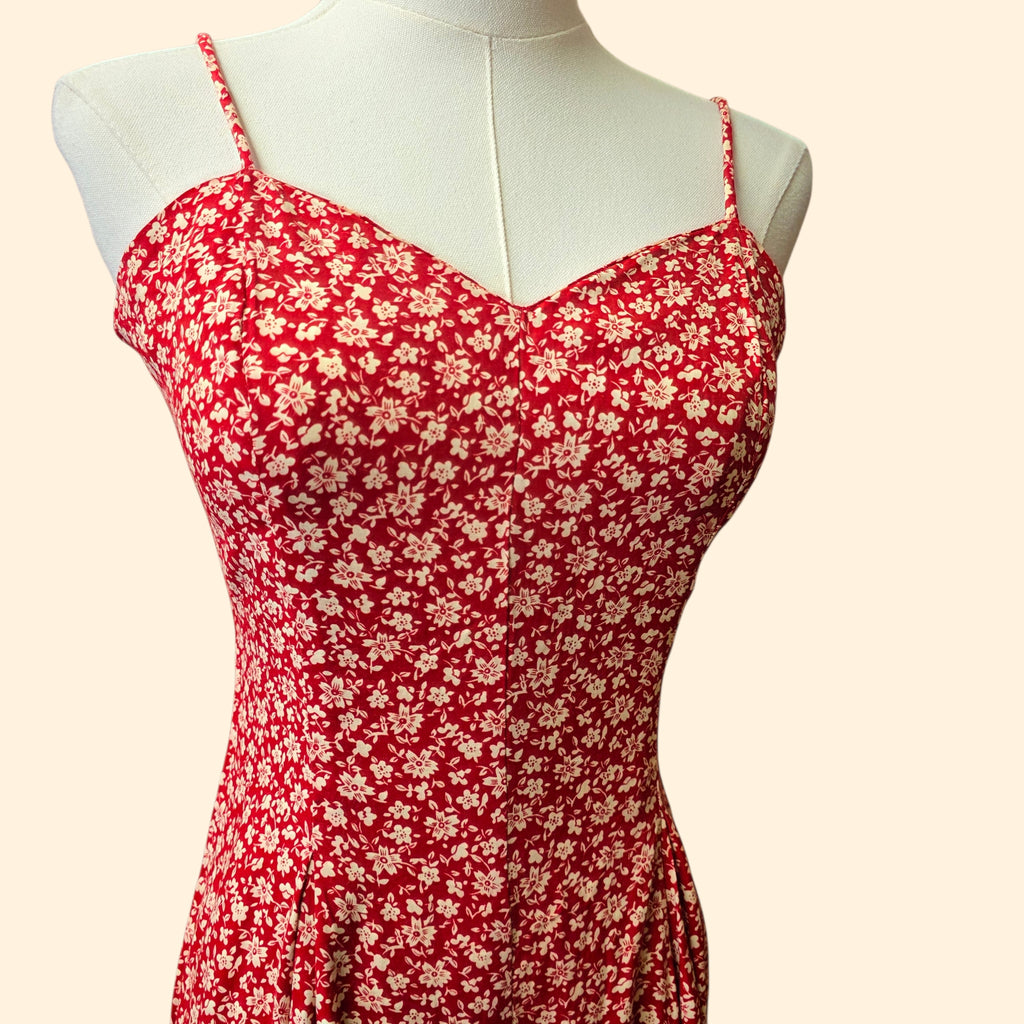 1990s Rampage Red Ditzy Floral Cropped Wide Leg Jumsuit ~ Extra Small
