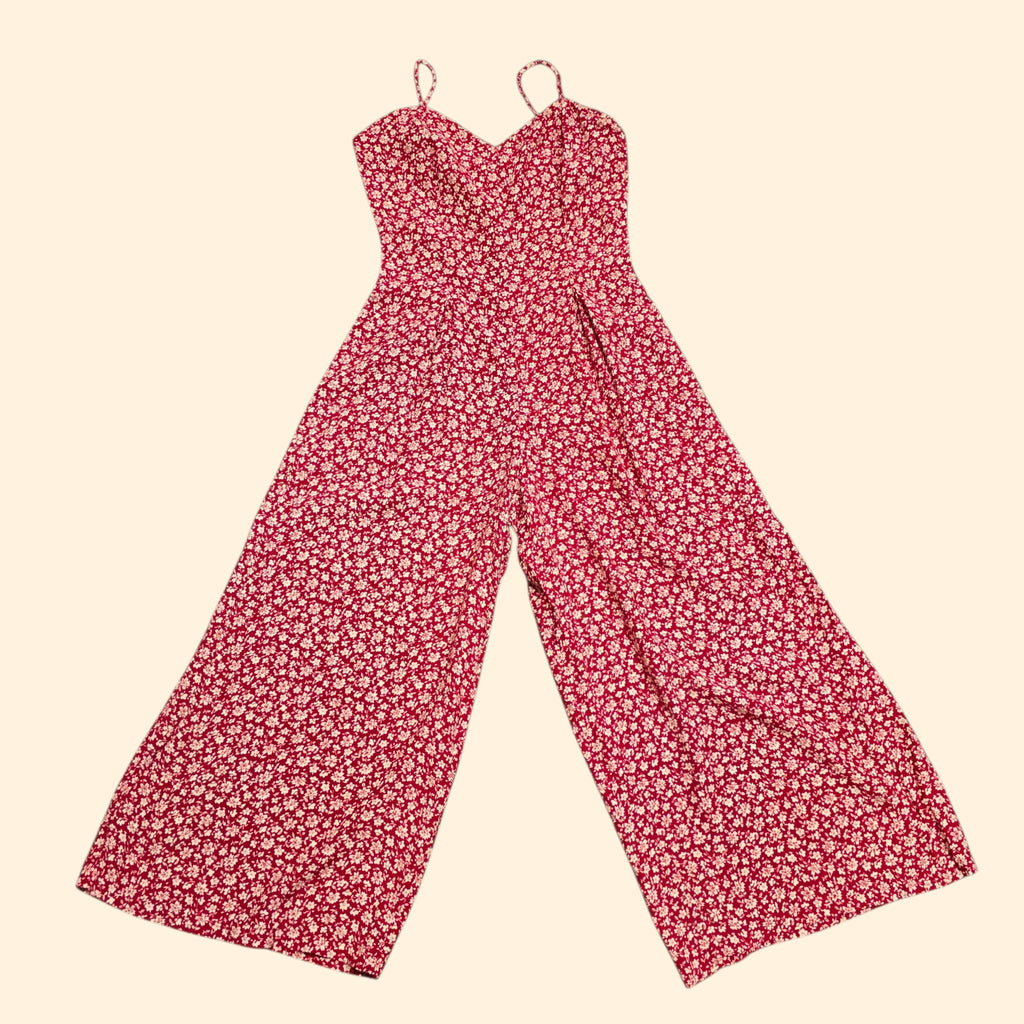 1990s Rampage Red Ditzy Floral Cropped Wide Leg Jumsuit ~ Extra Small