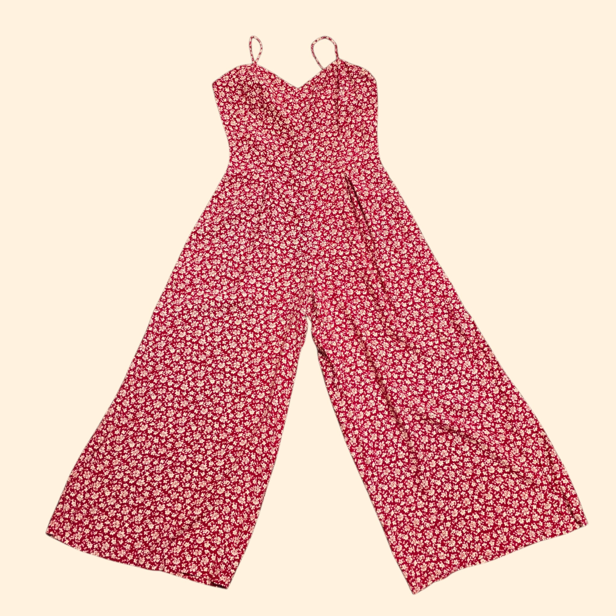 1990s Rampage Red Ditzy Floral Cropped Wide Leg Jumsuit ~ Extra Small