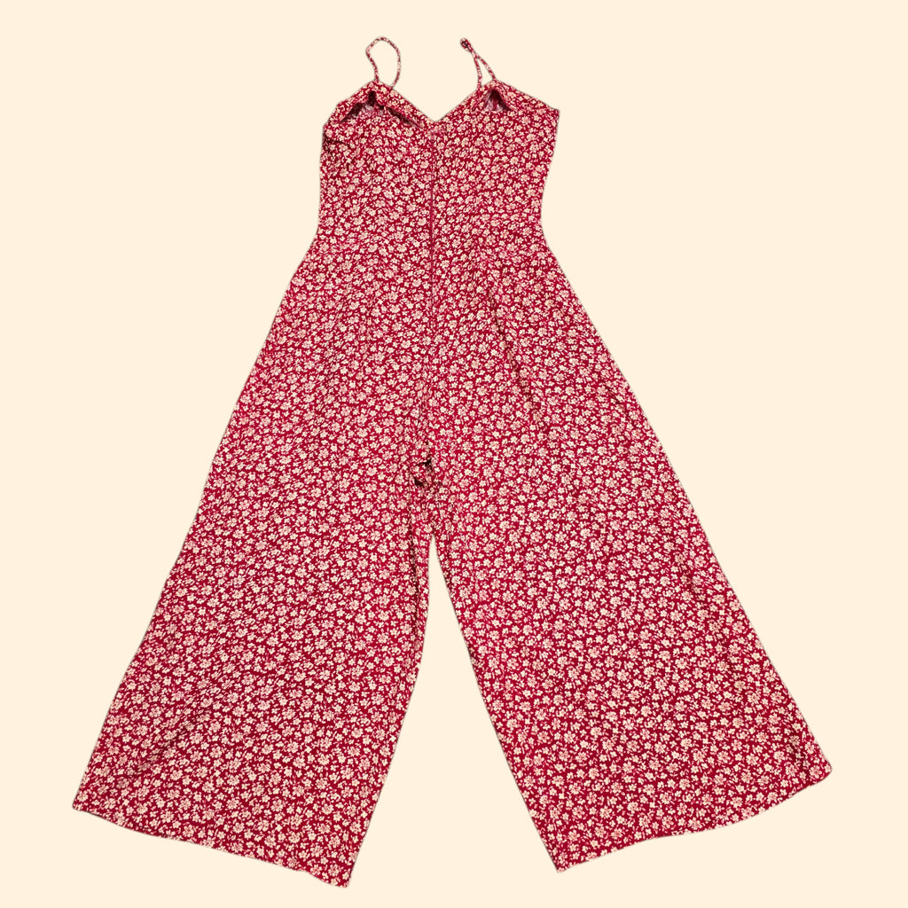 1990s Rampage Red Ditzy Floral Cropped Wide Leg Jumsuit ~ Extra Small