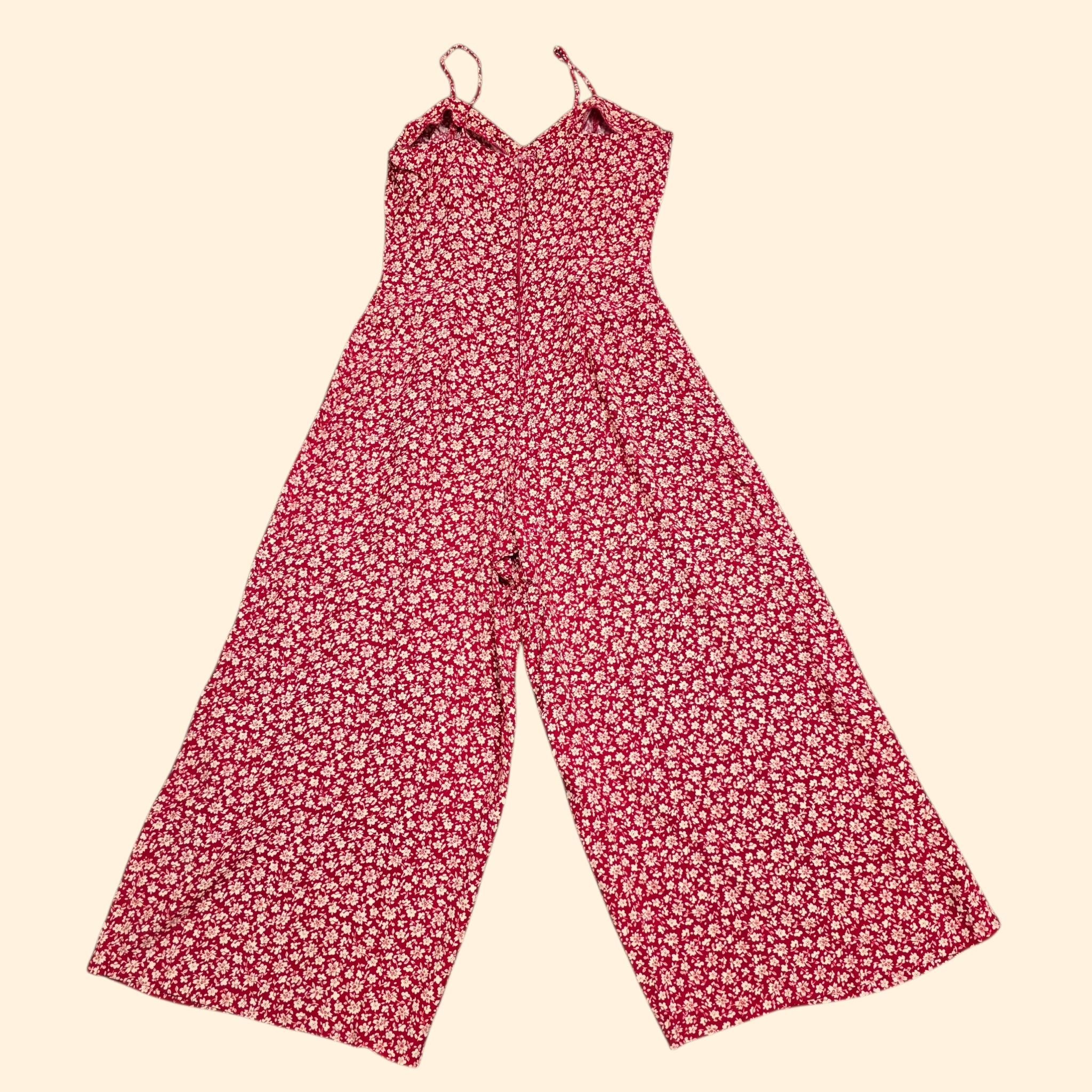 1990s Rampage Red Ditzy Floral Cropped Wide Leg Jumsuit ~ Extra Small