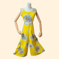 1970s Yellow Daisy Print Palazzo Jumpsuit with Cutout O-Ring Waistline ~ Small