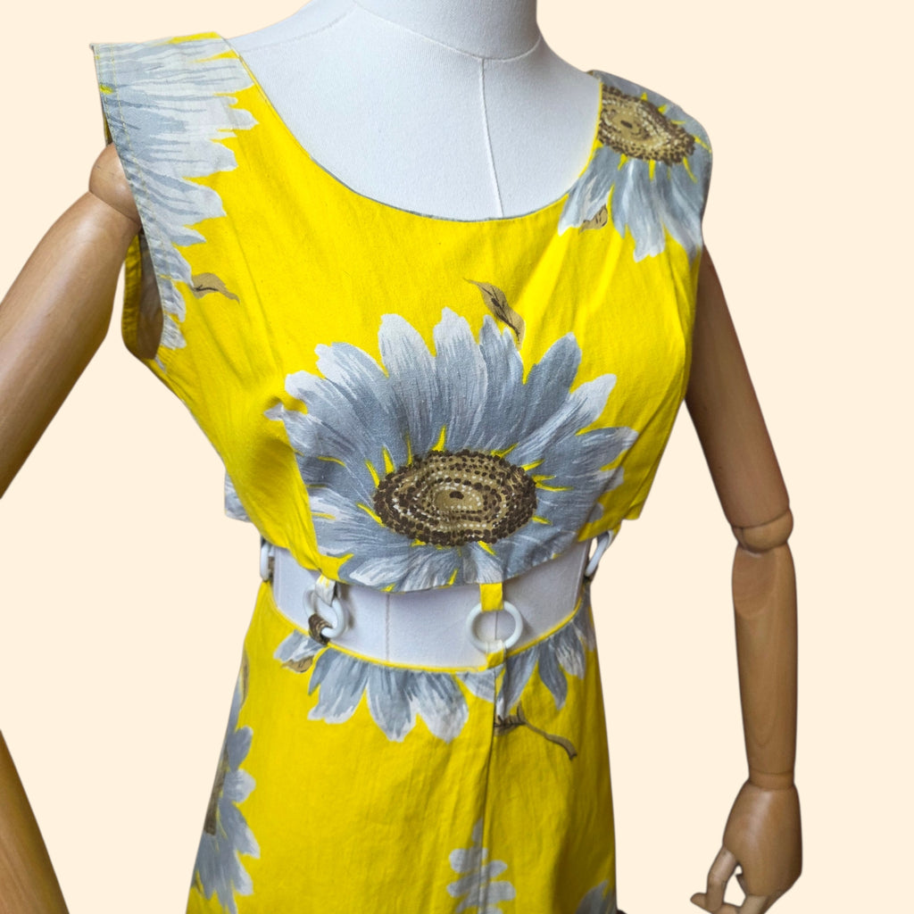 1970s Yellow Daisy Print Palazzo Jumpsuit with Cutout O-Ring Waistline ~ Small