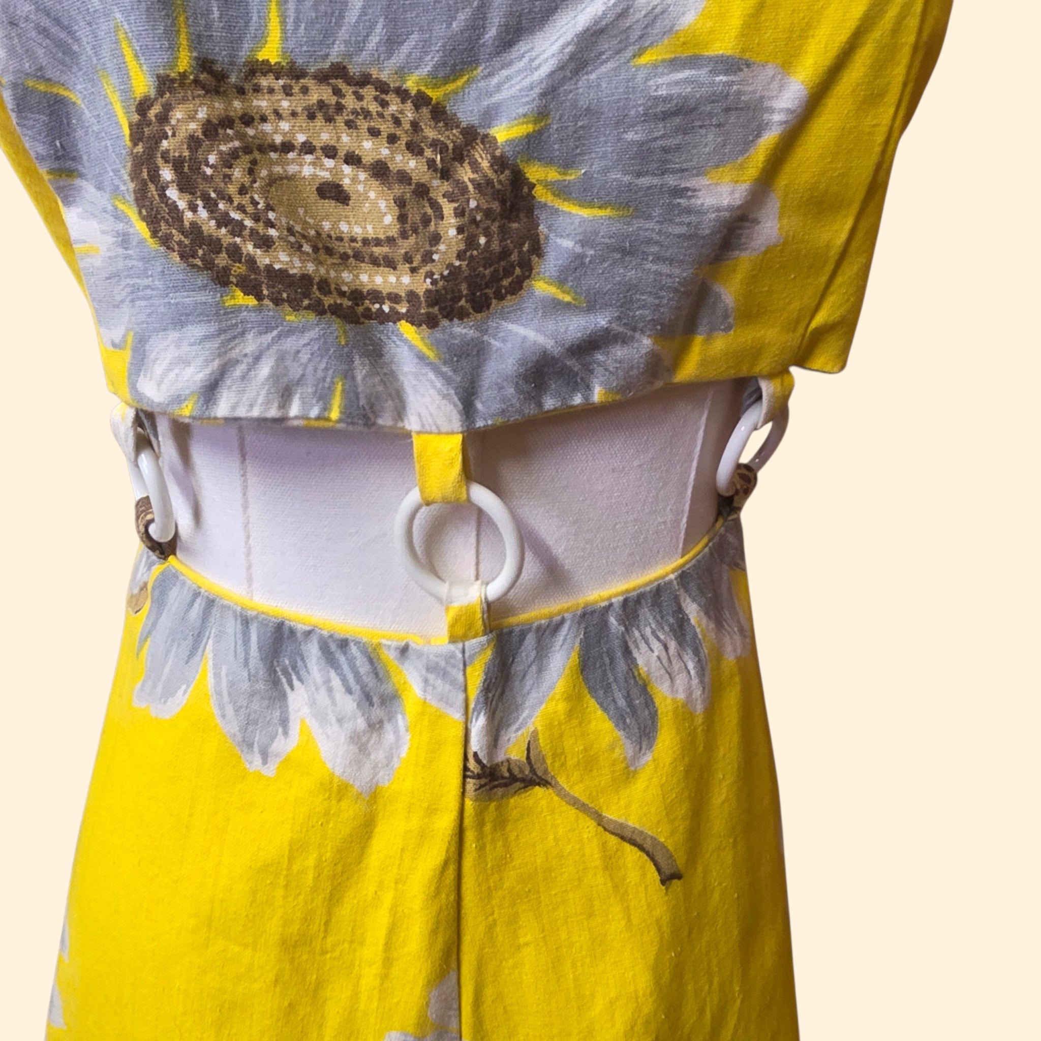 1970s Yellow Daisy Print Palazzo Jumpsuit with Cutout O-Ring Waistline ~ Small