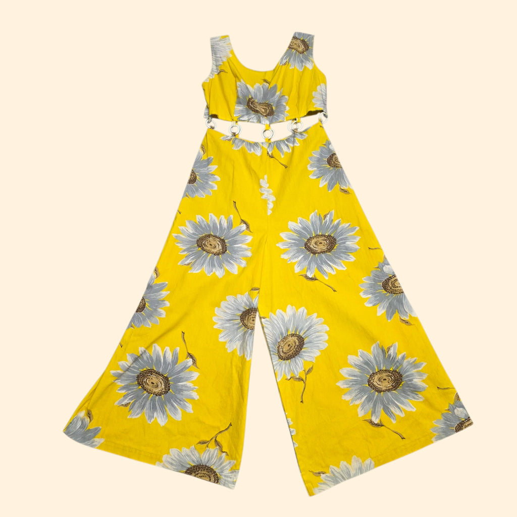 1970s Yellow Daisy Print Palazzo Jumpsuit with Cutout O-Ring Waistline ~ Small