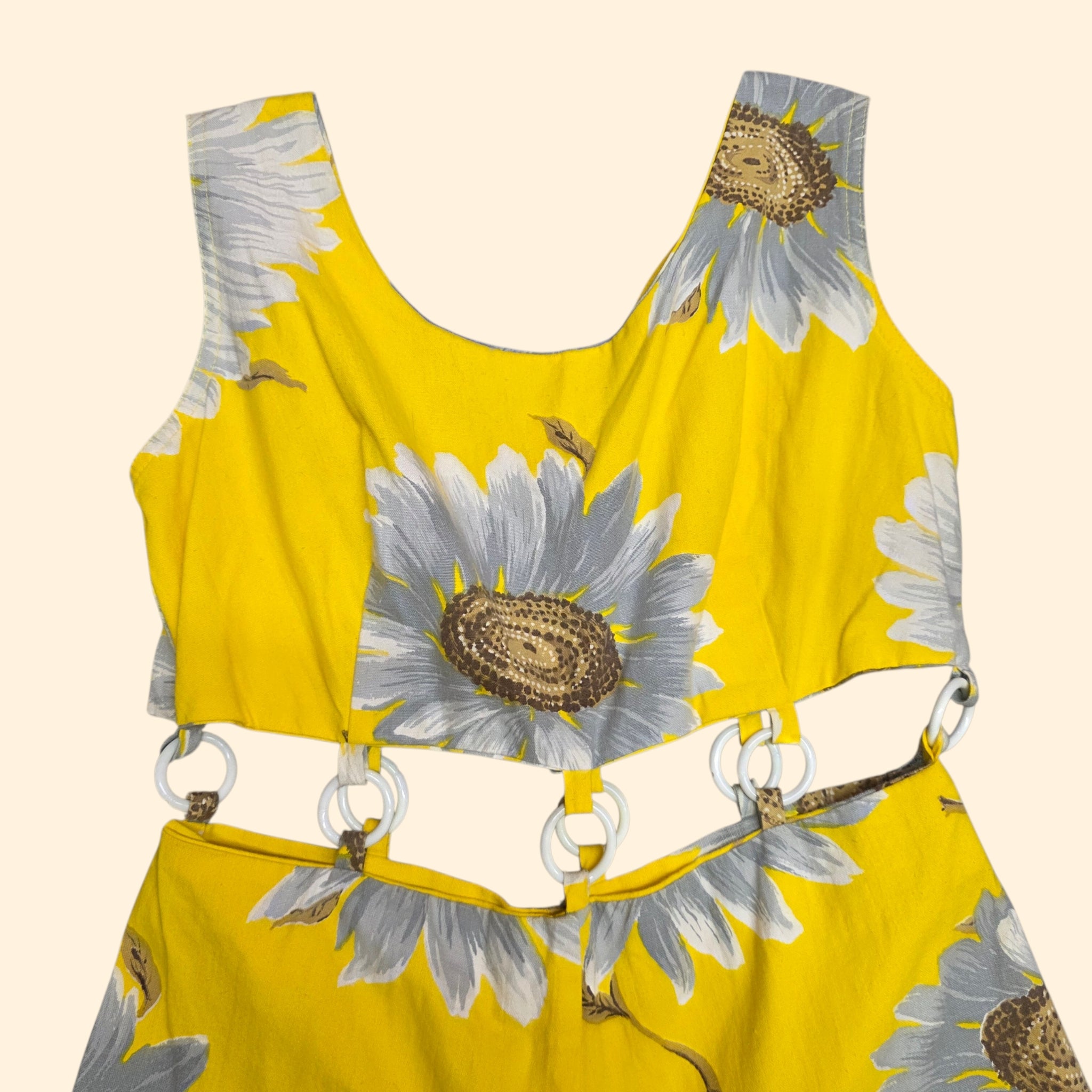 1970s Yellow Daisy Print Palazzo Jumpsuit with Cutout O-Ring Waistline ~ Small