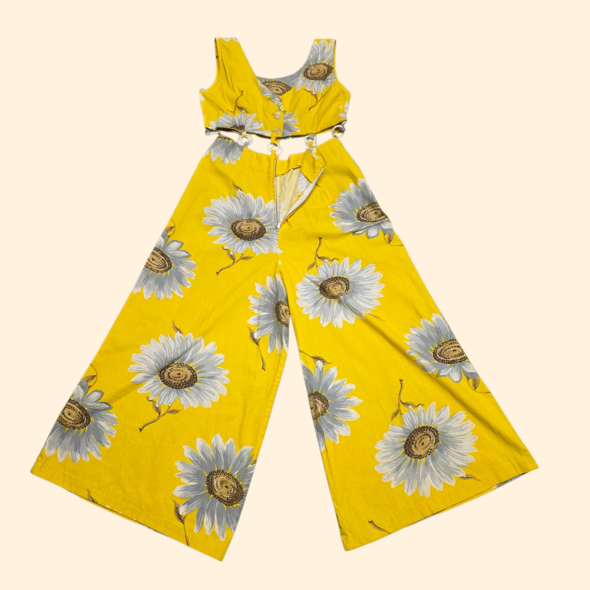 1970s Yellow Daisy Print Palazzo Jumpsuit with Cutout O-Ring Waistline ~ Small