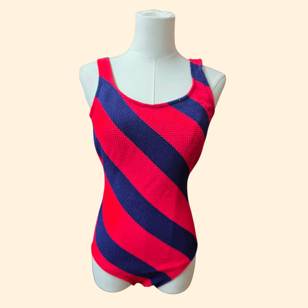 1980s Land's End Diagonal Striped One Piece Swimsuit ~ Medium ~ Red Navy Bathing Suit