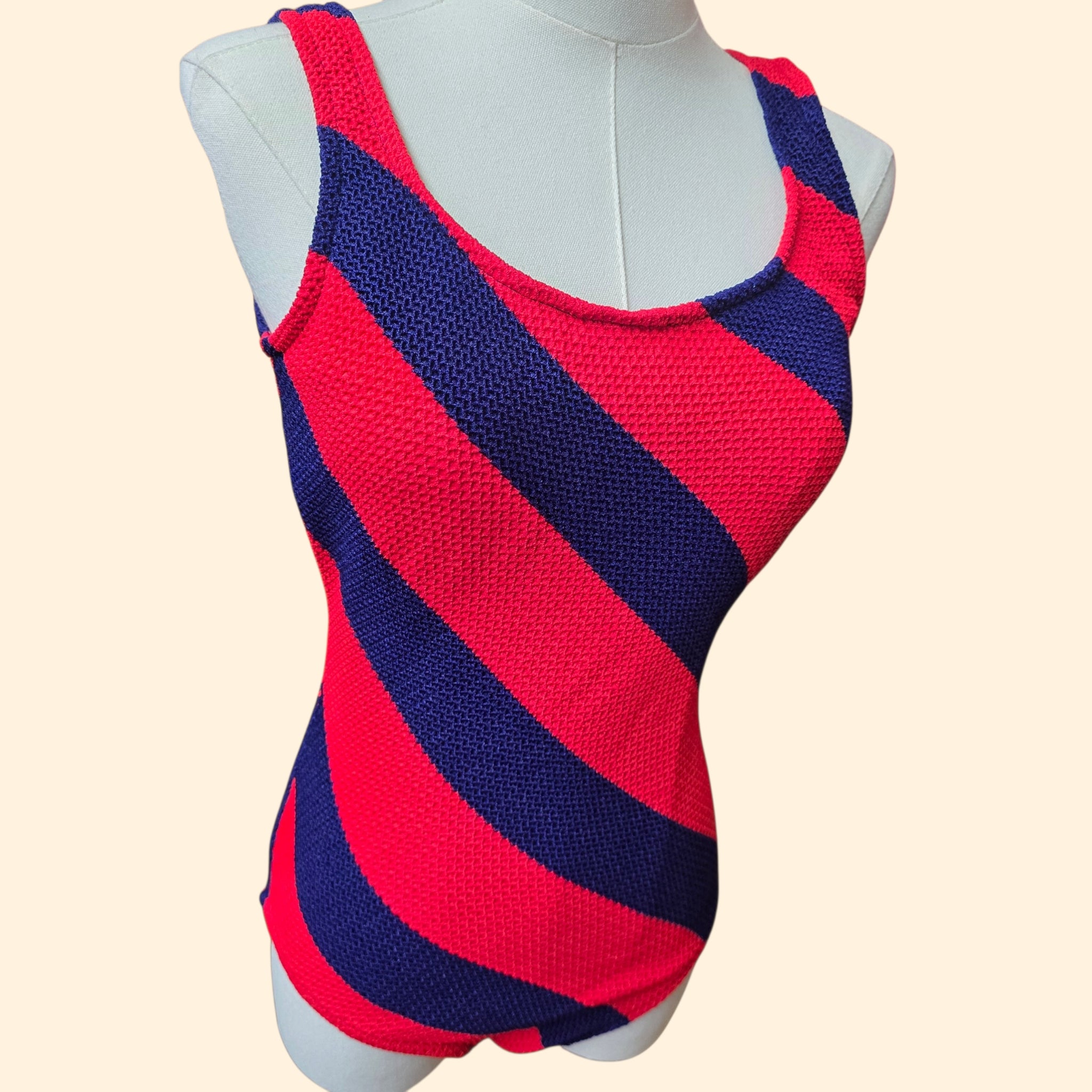 1980s Land's End Diagonal Striped One Piece Swimsuit ~ Medium ~ Red Navy Bathing Suit