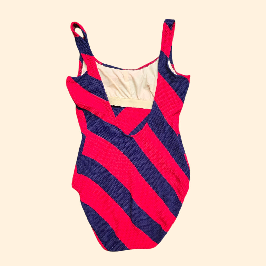 1980s Land's End Diagonal Striped One Piece Swimsuit ~ Medium ~ Red Navy Bathing Suit