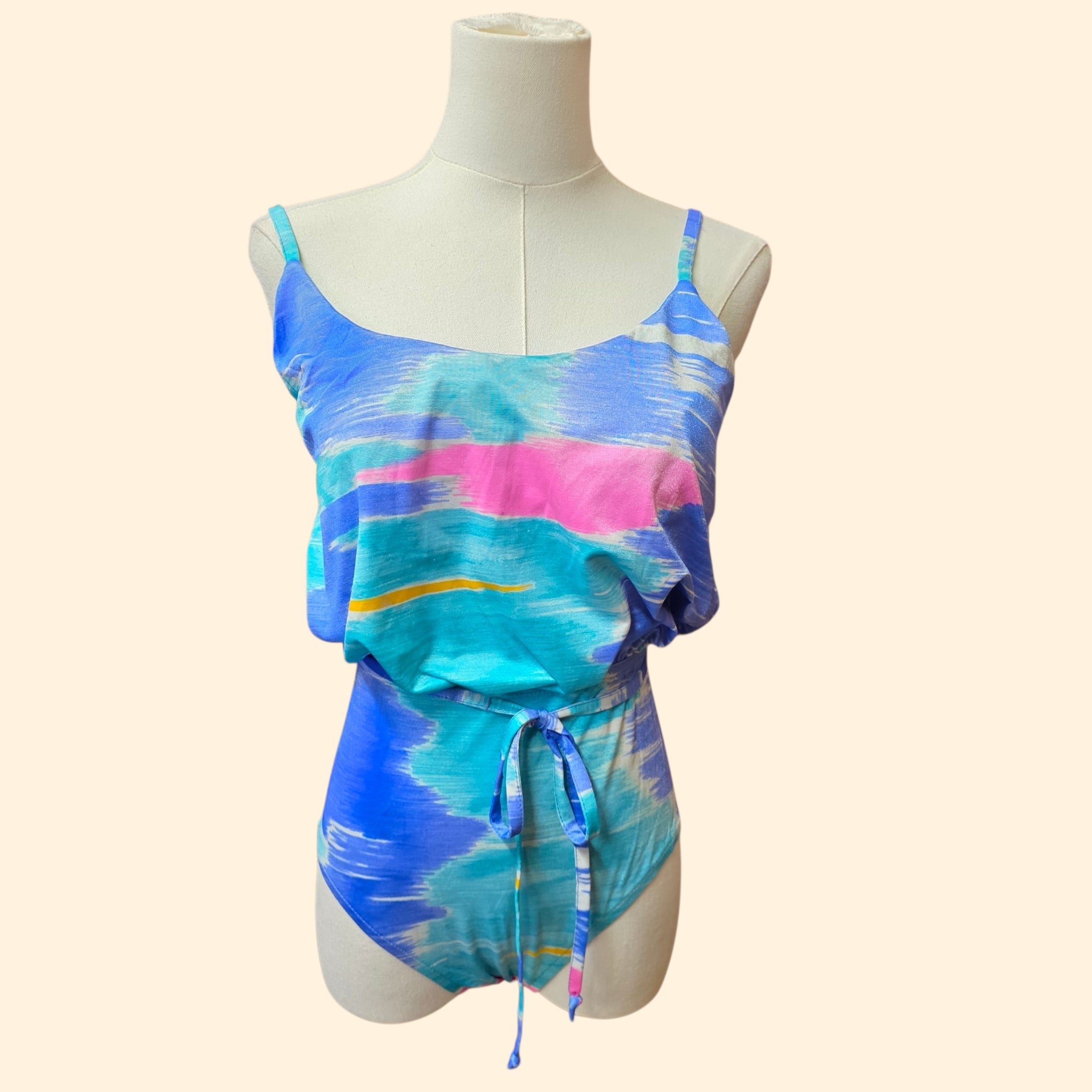 1980s Abstract Watercolor Print One Piece Blouson Swimsuit ~ Small ~ Teal Blue Pink Playsuit