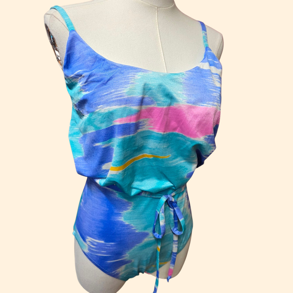 1980s Abstract Watercolor Print One Piece Blouson Swimsuit ~ Small ~ Teal Blue Pink Playsuit