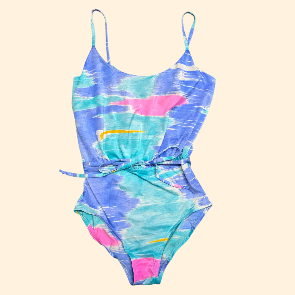1980s Abstract Watercolor Print One Piece Blouson Swimsuit ~ Small ~ Teal Blue Pink Playsuit