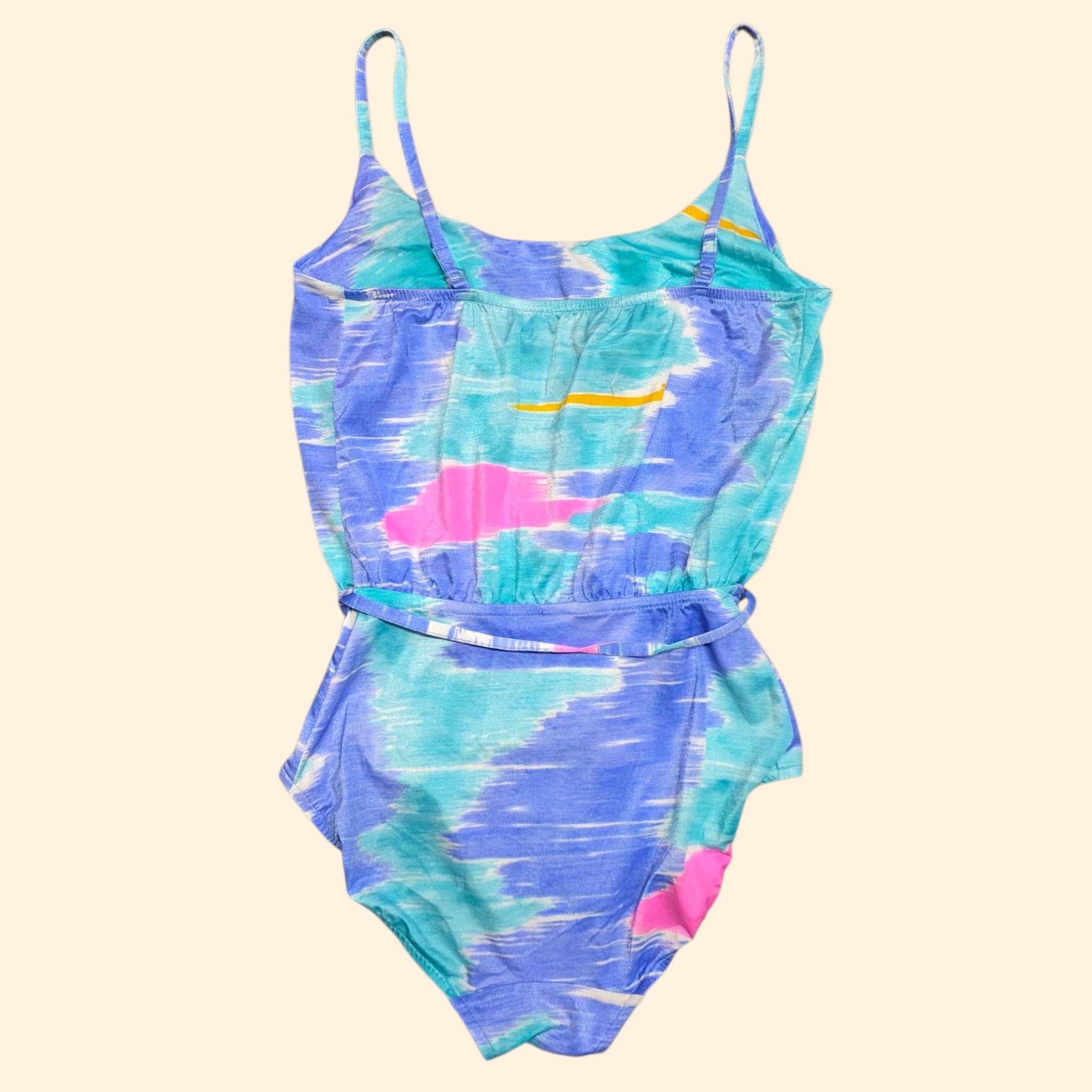 1980s Abstract Watercolor Print One Piece Blouson Swimsuit ~ Small ~ Teal Blue Pink Playsuit