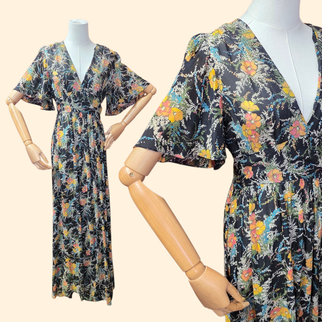 1970s Sheer Floral Maxi Dress with Short Bell Sleeves ~Small Medium ~ Chiffon