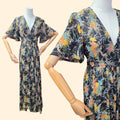 1970s Sheer Floral Maxi Dress with Short Bell Sleeves ~Small Medium ~ Chiffon