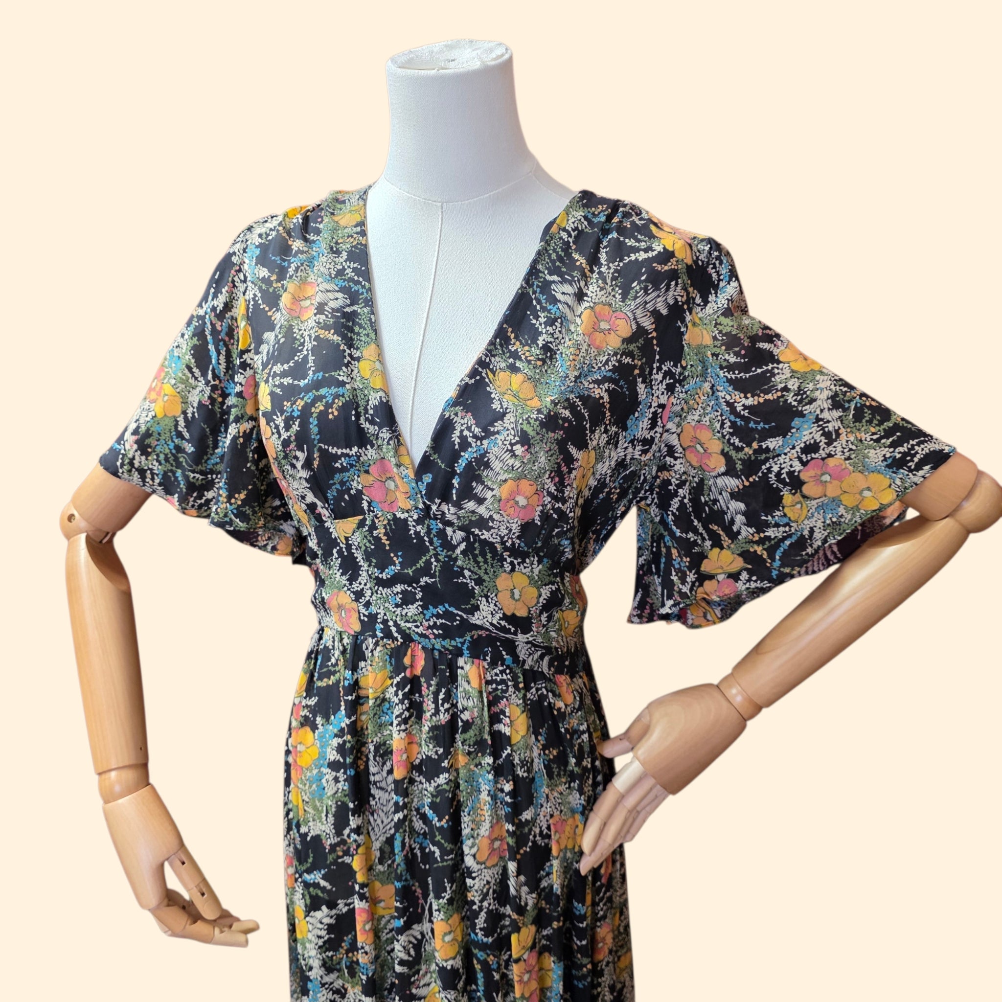 1970s Sheer Floral Maxi Dress with Short Bell Sleeves ~Small Medium ~ Chiffon