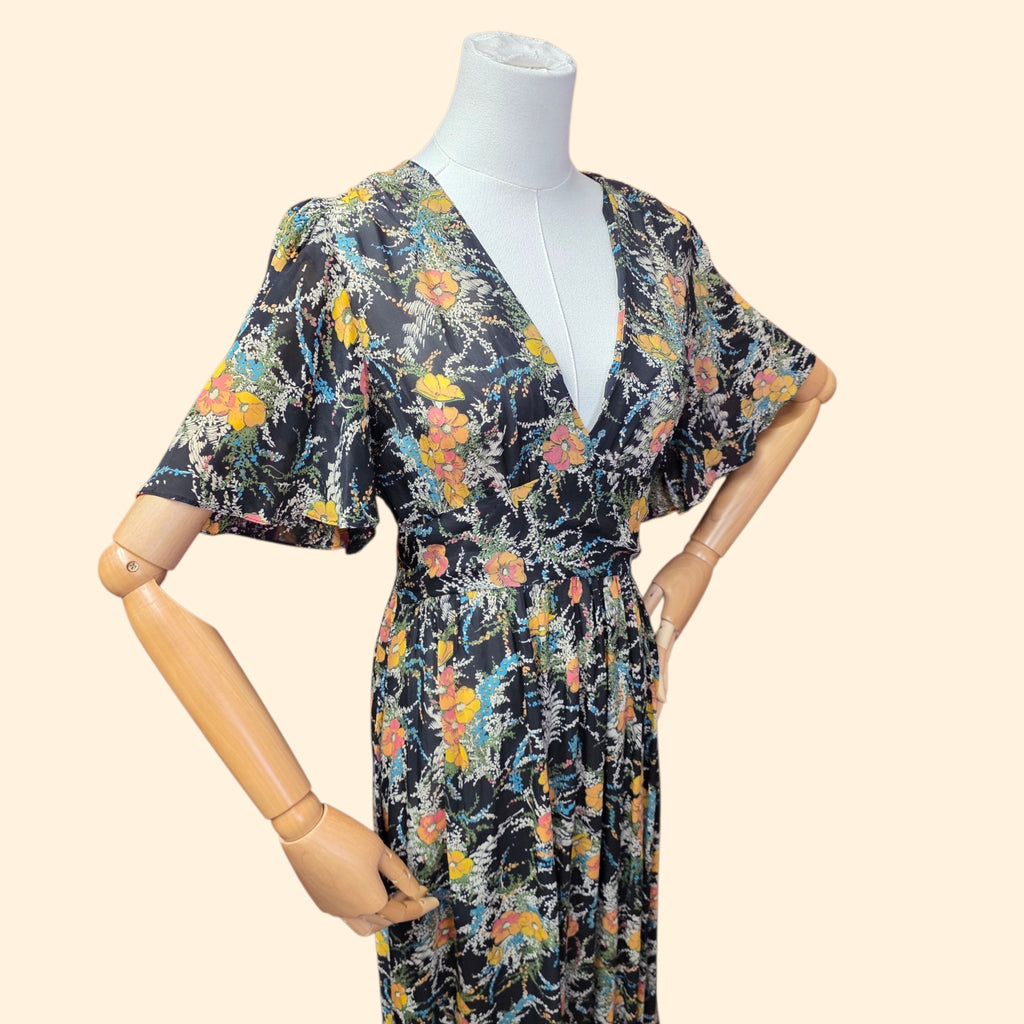 1970s Sheer Floral Maxi Dress with Short Bell Sleeves ~Small Medium ~ Chiffon