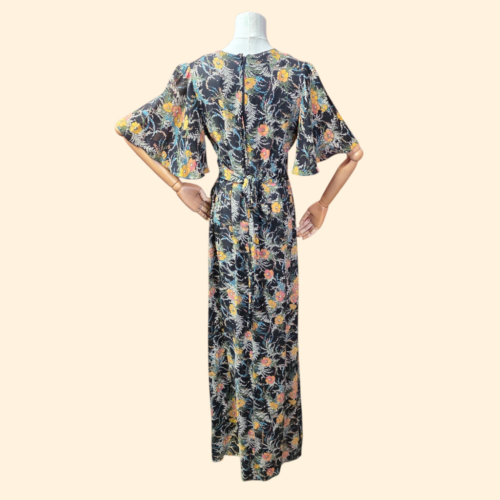 1970s Sheer Floral Maxi Dress with Short Bell Sleeves ~Small Medium ~ Chiffon