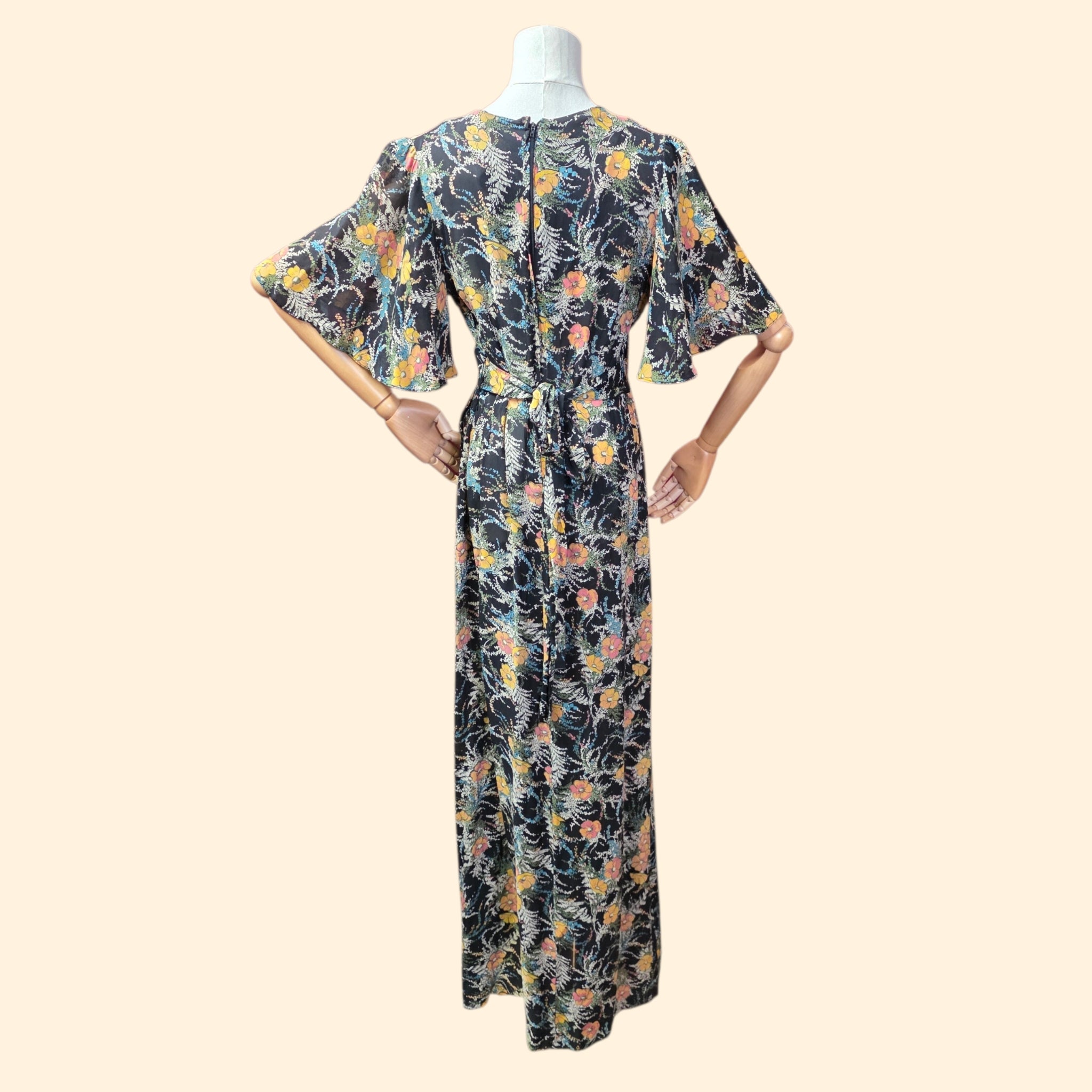 1970s Sheer Floral Maxi Dress with Short Bell Sleeves ~Small Medium ~ Chiffon