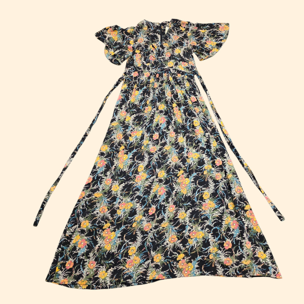 1970s Sheer Floral Maxi Dress with Short Bell Sleeves ~Small Medium ~ Chiffon