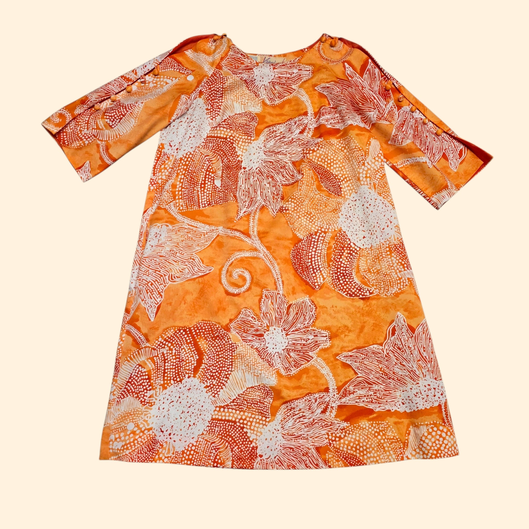 1970s Orange Batik Floral Print Hawaiian Long Sleeve Midi Shift Dress ~ Medium