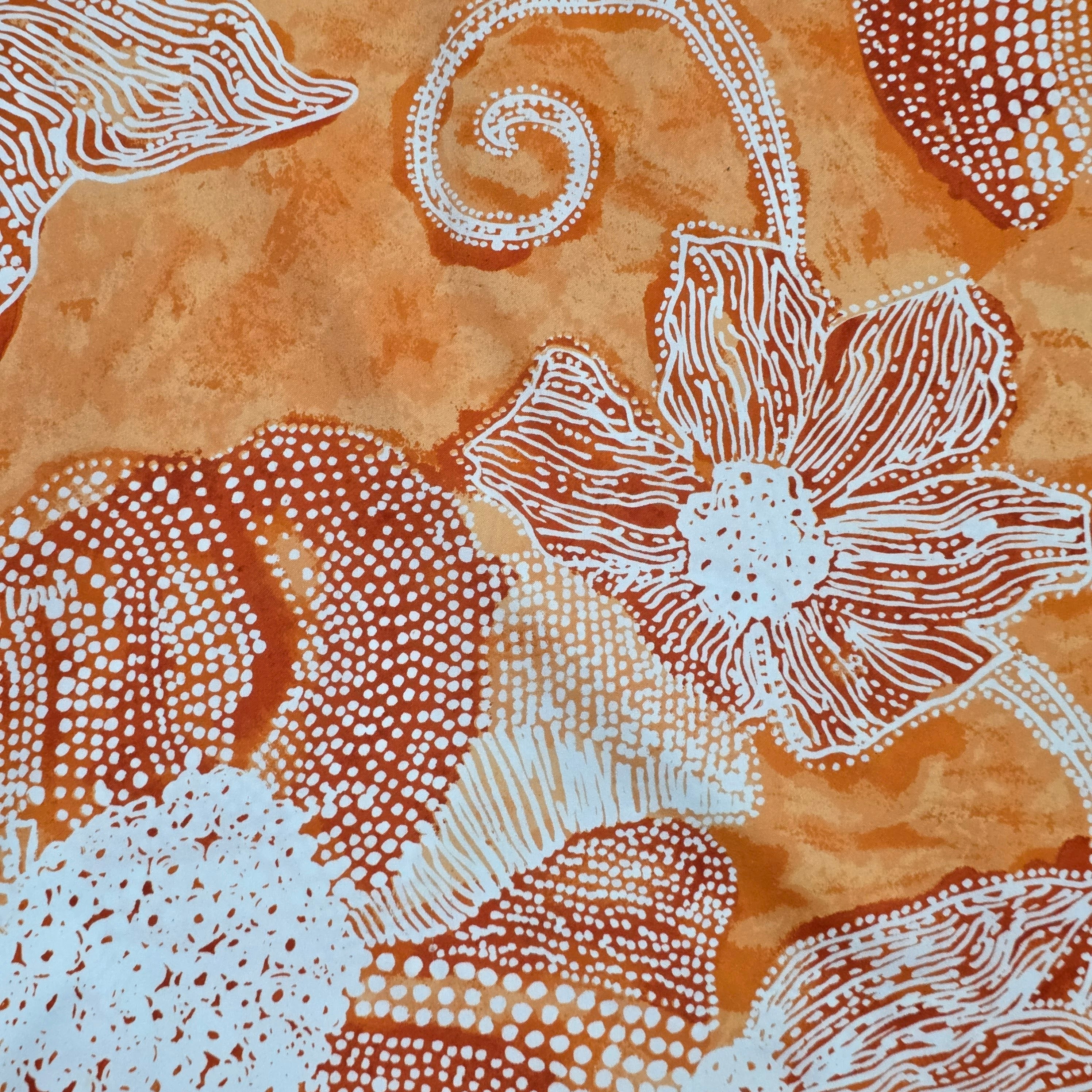 1970s Orange Batik Floral Print Hawaiian Long Sleeve Midi Shift Dress ~ Medium