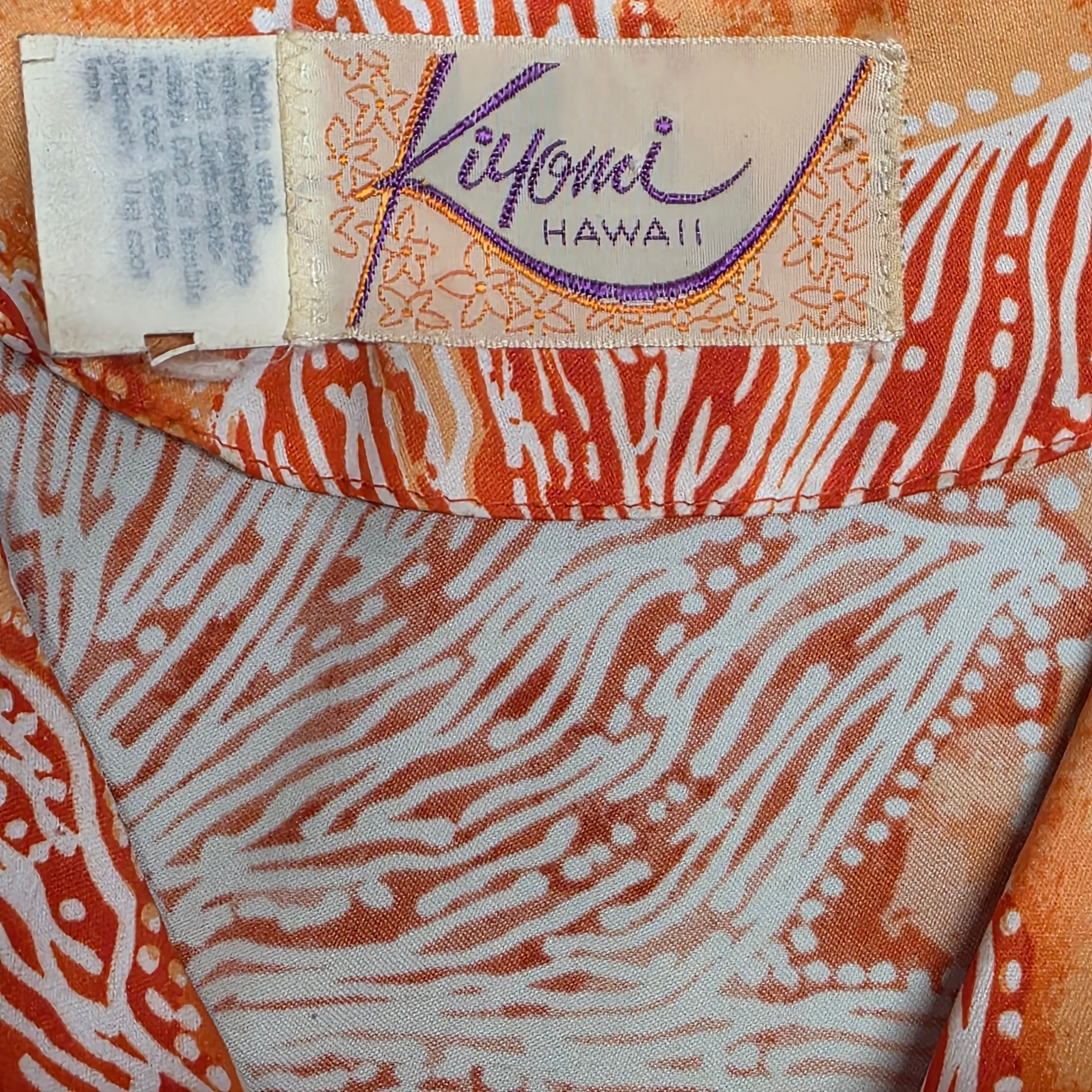 1970s Orange Batik Floral Print Hawaiian Long Sleeve Midi Shift Dress ~ Medium